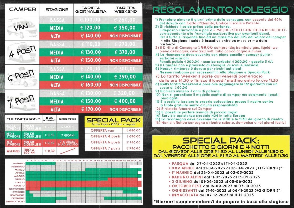 Listino Noleggio stagione 2023 Camping Sport Magenta