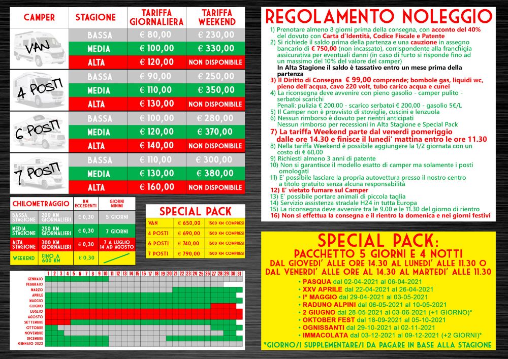 Listino Noleggio stagione 2021 Camping Sport Magenta