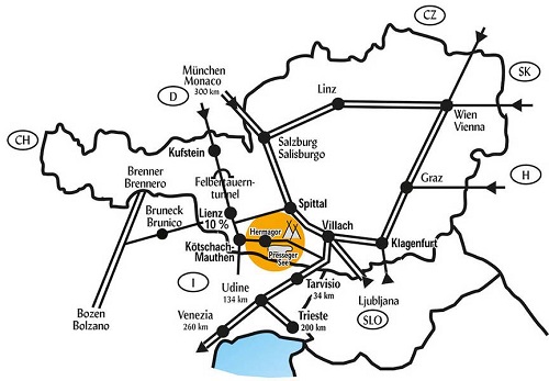Mappa dell'Austria con la posizione dello Schluga Camping in Carinzia